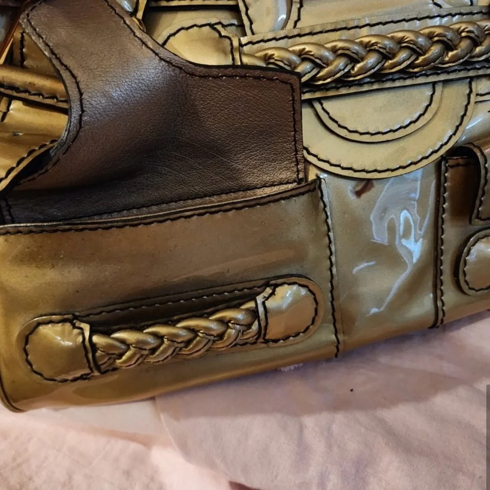 🟠NWT VALENTINO GARAVANI Histoire Braided Handle Patent Leather Satchel in Gold